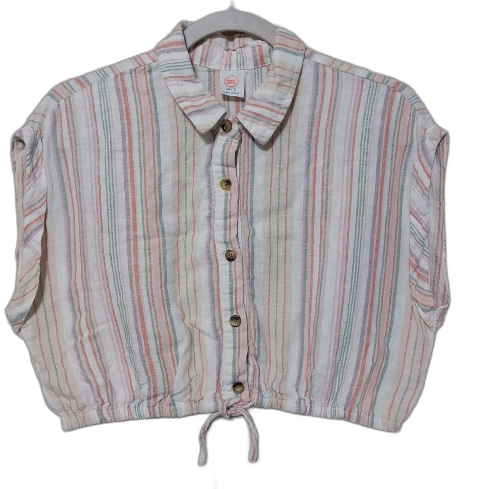 Wonder Nation shirt Girls XXL 18 white pink striped button up tie Linen Blend